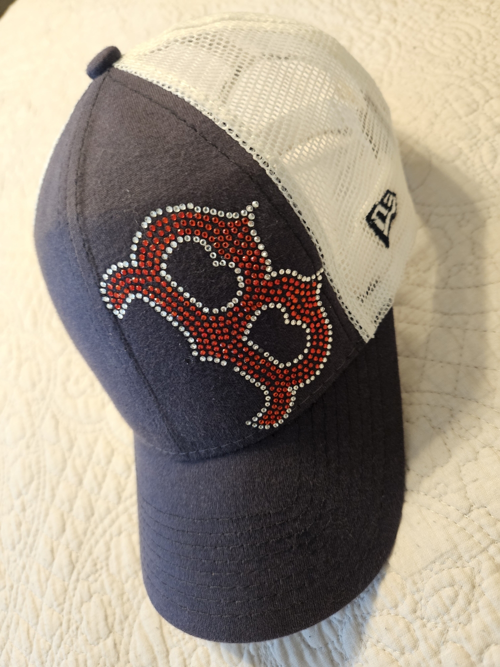 Boston Red Socks New Era White/Blue Mesh Trucker Cap w/Rhinestone Logo